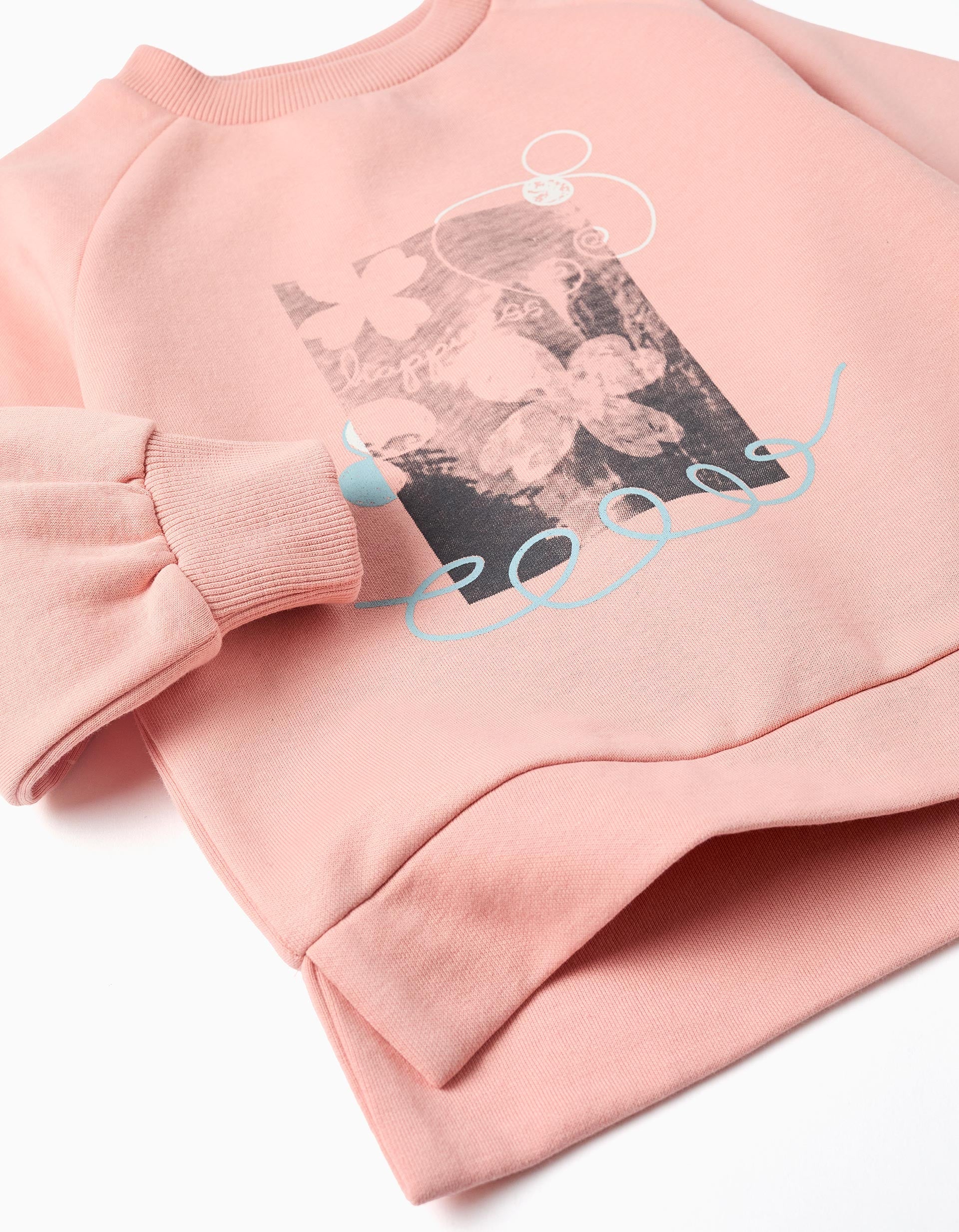 Brushed sweatshirt with front print for girls, salmon orange
